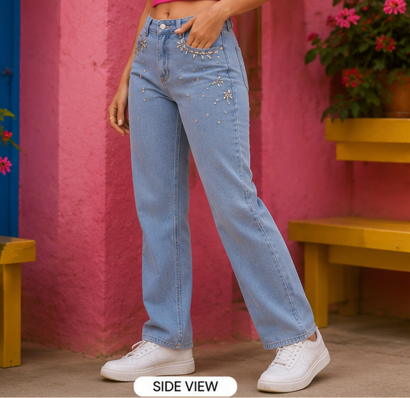 Crystal Petal | hand embellished jeans | straight-fit jeans