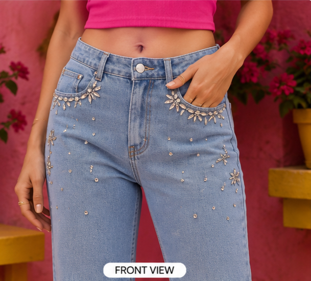 Crystal Petal | hand embellished jeans | straight-fit jeans