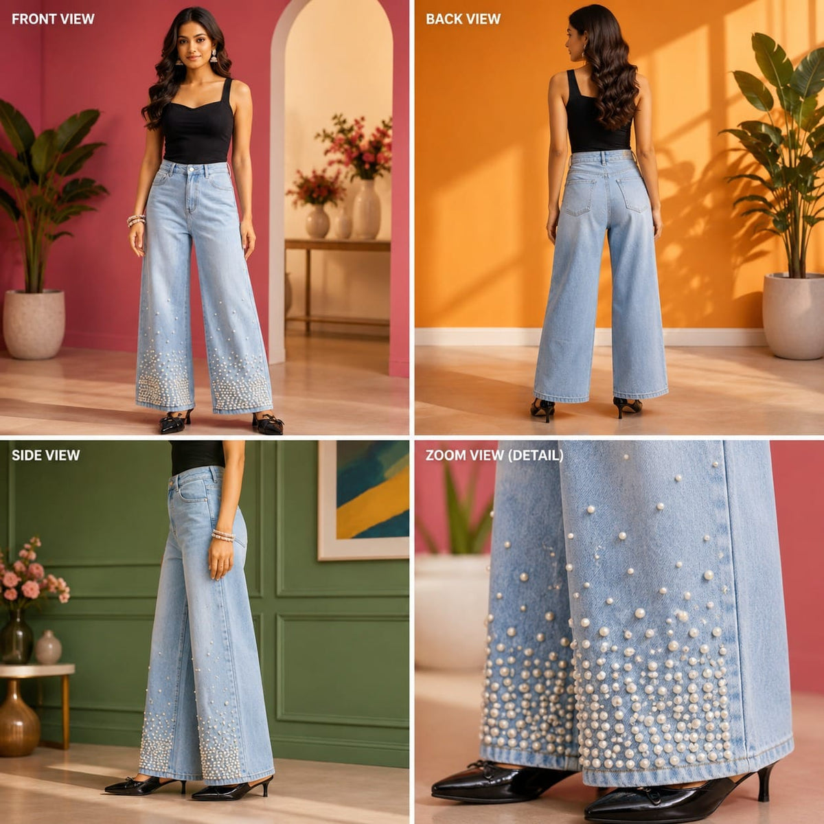 Pearl Embellished | Straight Fit Women’s Jeans – Light Blue