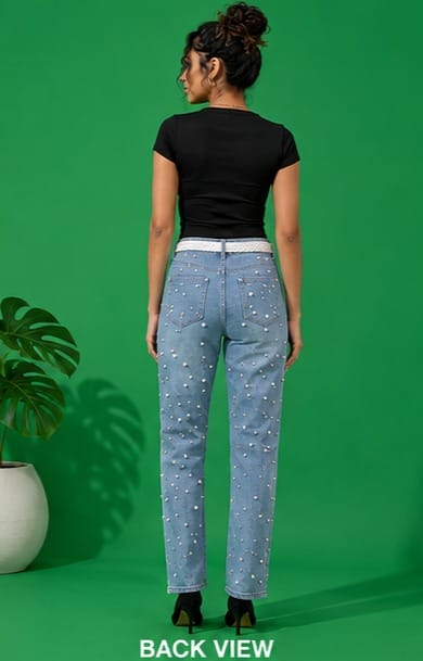 Pearlune | Hand embellished jeans | straight-fit jeans