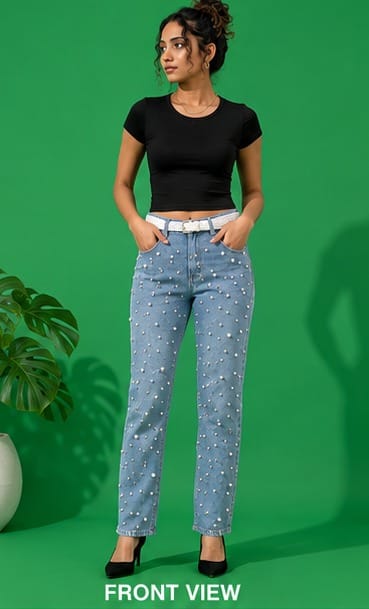 Pearlune | Hand embellished jeans | straight-fit jeans