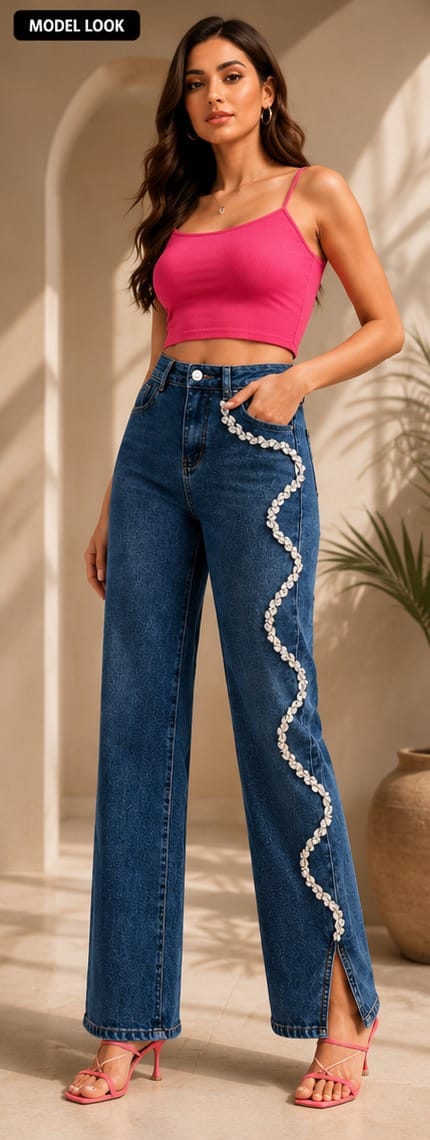 Serpentine luxe| Hand embellished jeans | Straight-fit jeans