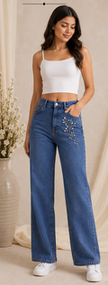 Glimmer petal | Hand embellished | Straight-fit jeans